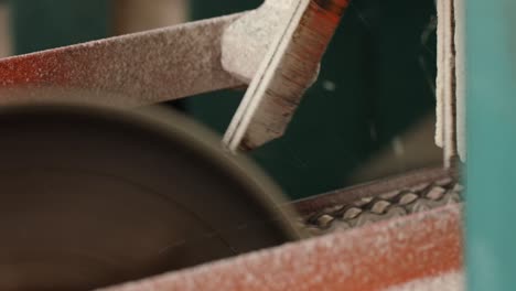 close up of electric saw sawing wooden board on automated line at sawmill