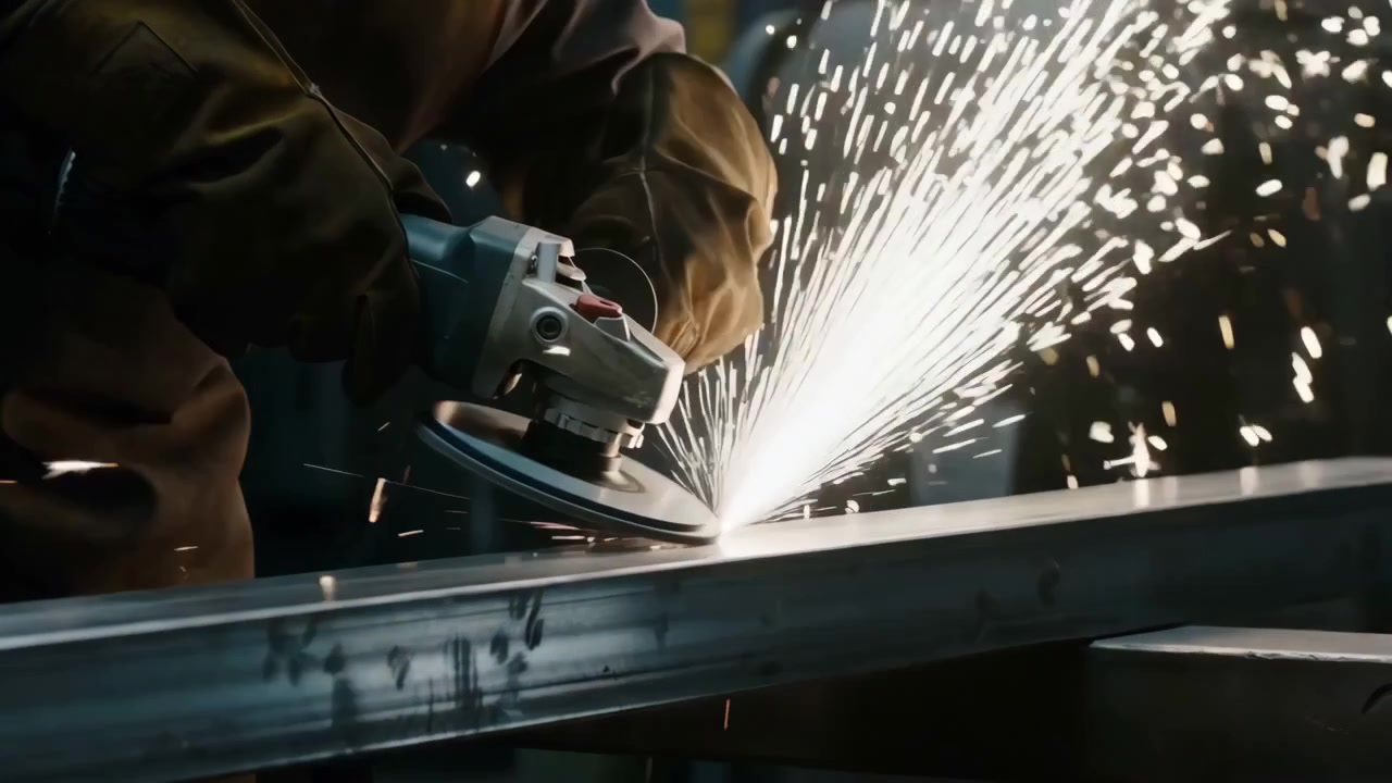 Manos enguantadas con chaqueta de cuero pesada y delantal protector presionan una amoladora angular contra una viga de acero, lanzando chispas de color naranja brillante dentro de un taller tenue, mostrando fabricación industrial de metal, protector