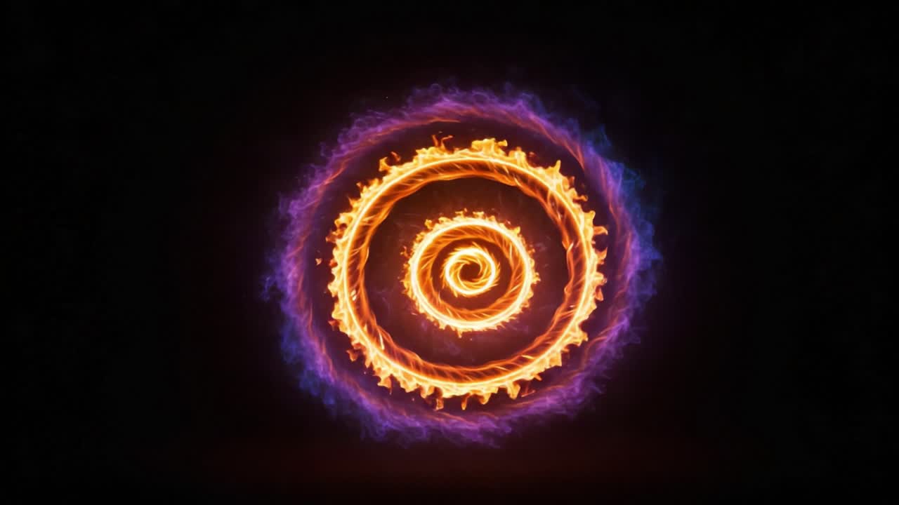Dynamic Spiral of Fire and Smoke: A Mesmerizing Display of Colorful Flames and Ethereal Light in a Captivating Motion Sequence