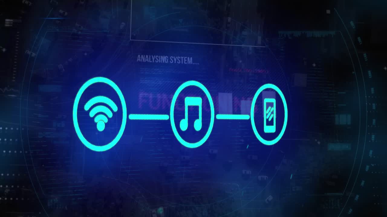 animação de rede de ícones digitais sobre processamento de dados contra fundo azul