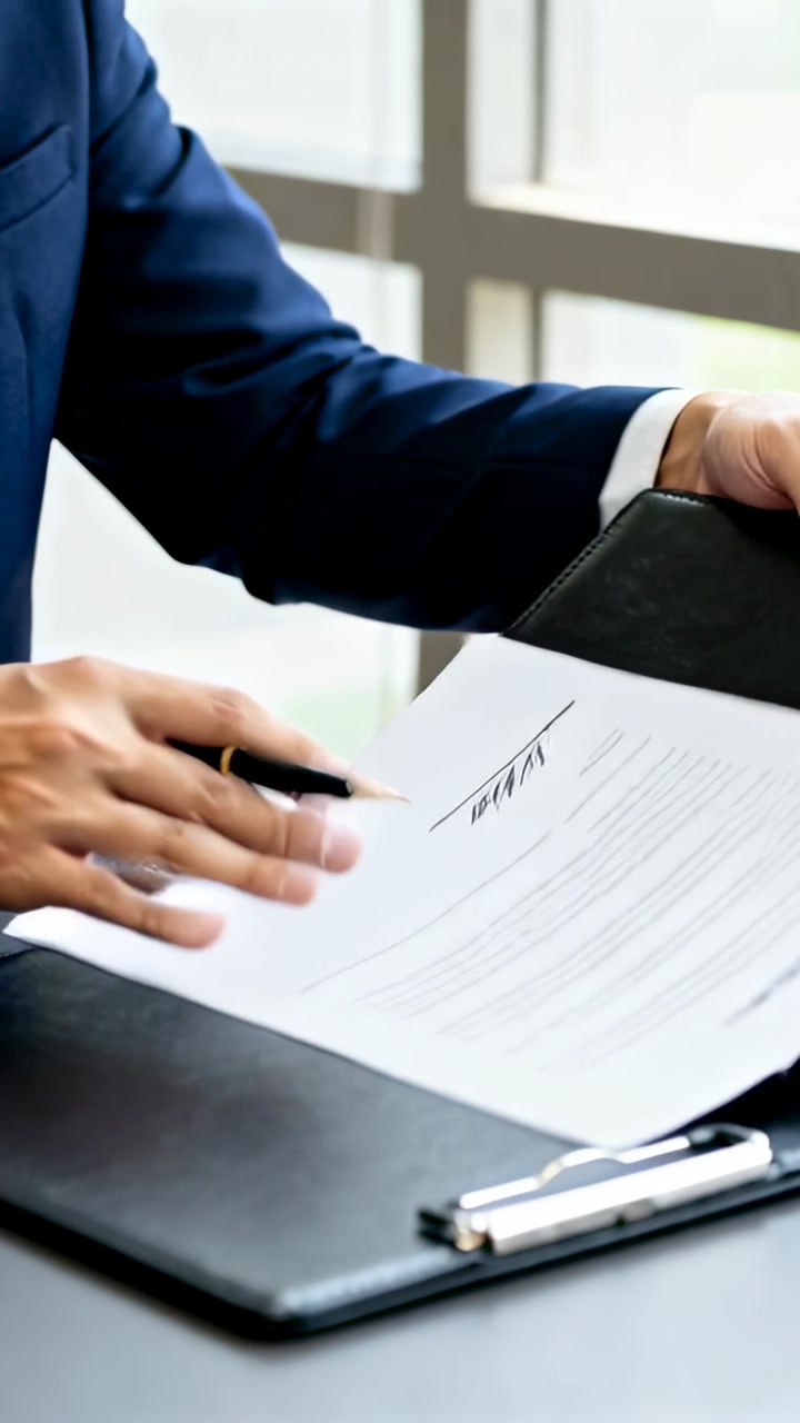 Vertical video: Opening folio suit flipping contract at desk pointing pen sealing deal, copy space