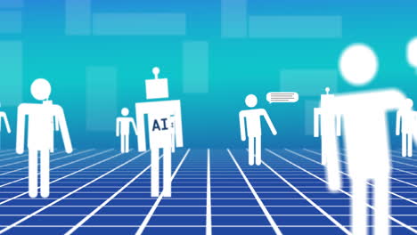 animación de personas y íconos de robots artificiales con burbujas de habla en fondo azul.