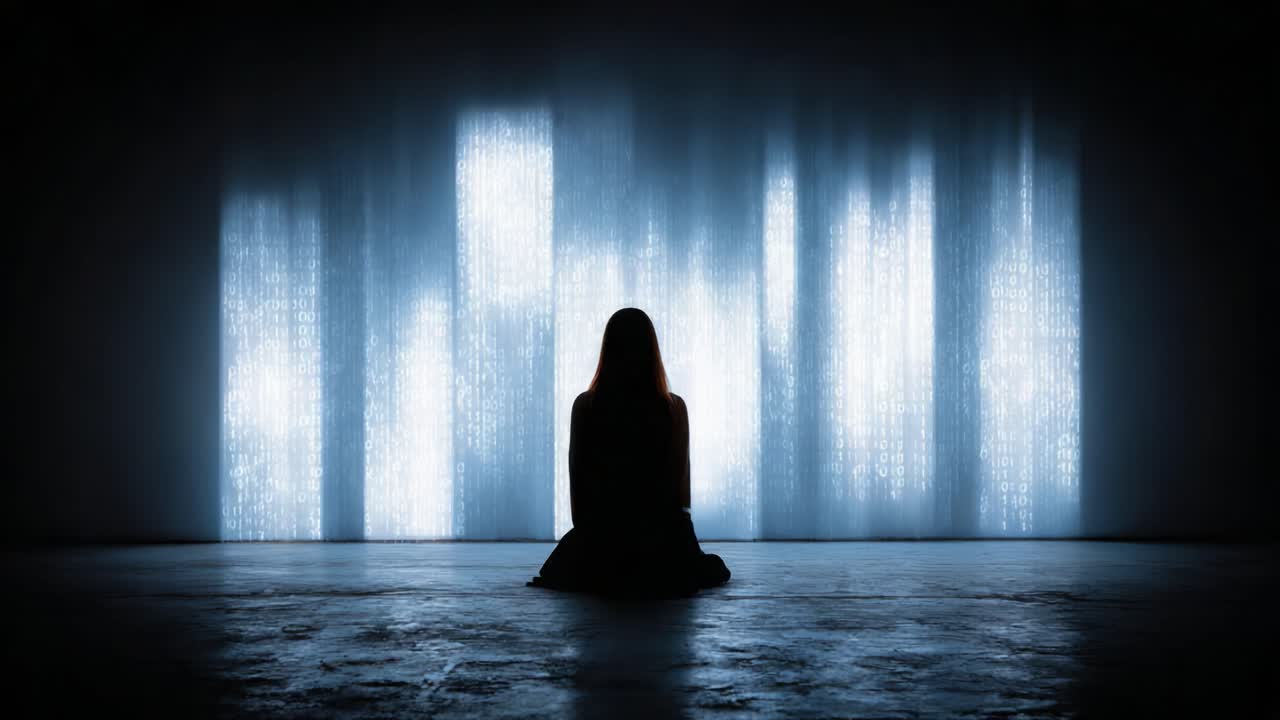 A Contemplative Figure in Silhouette Amidst Stark Lights and Shadows, Evoking Themes of Isolation and Reflection in a Digital Landscape