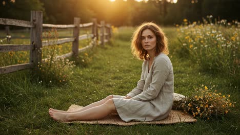 a serene moment at sunset, showcasing a woman sitting gracefully on a mat surrounded by vibrant wildflowers, capturing the essence of tranquility and natural beauty
