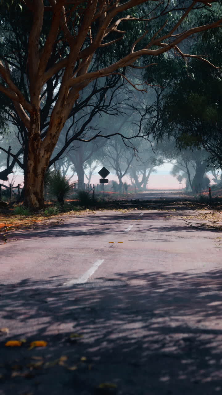 camino vacío a través del bosque con niebla