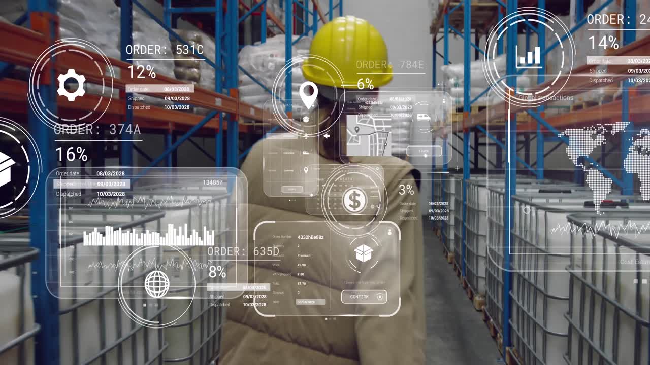 animación del procesamiento de datos en pantallas sobre un hombre caucásico que trabaja en un almacén