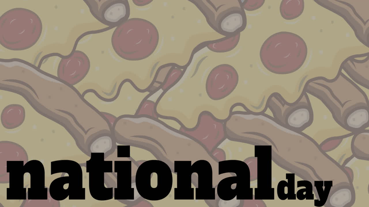 Animation of national pizza day text and pizza icons over grey background