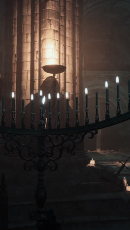 a close up of a candlelit candelabra in a dark and mysterious church