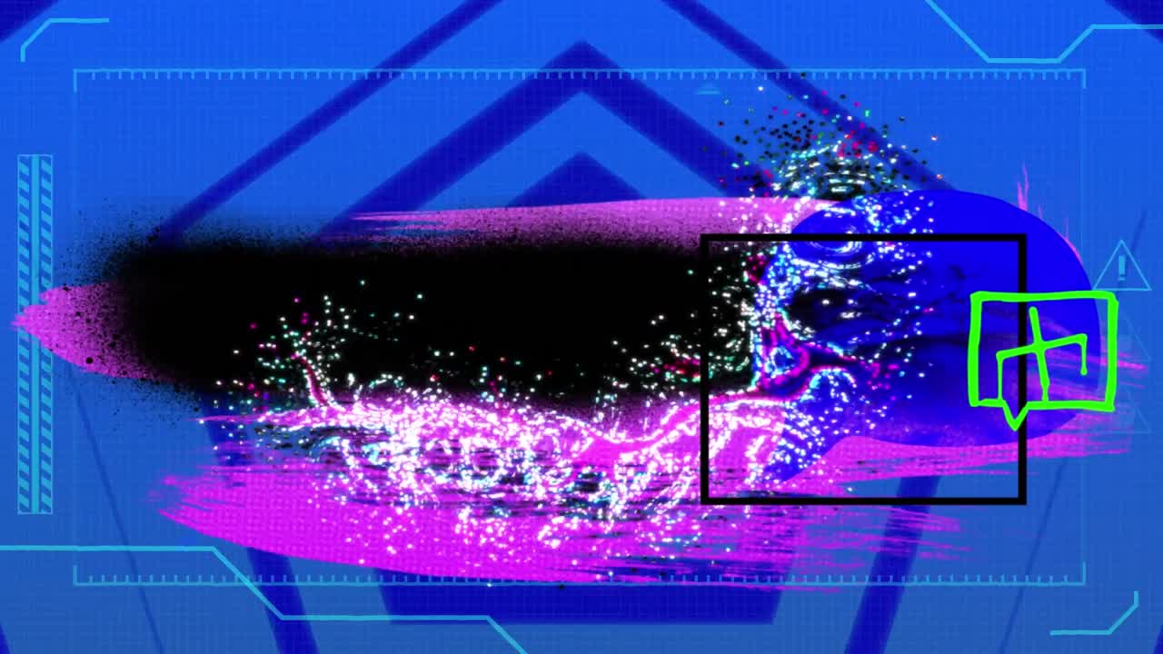 파란색 배경에 다채로운 모양과 디지털 iterface의 애니메이션