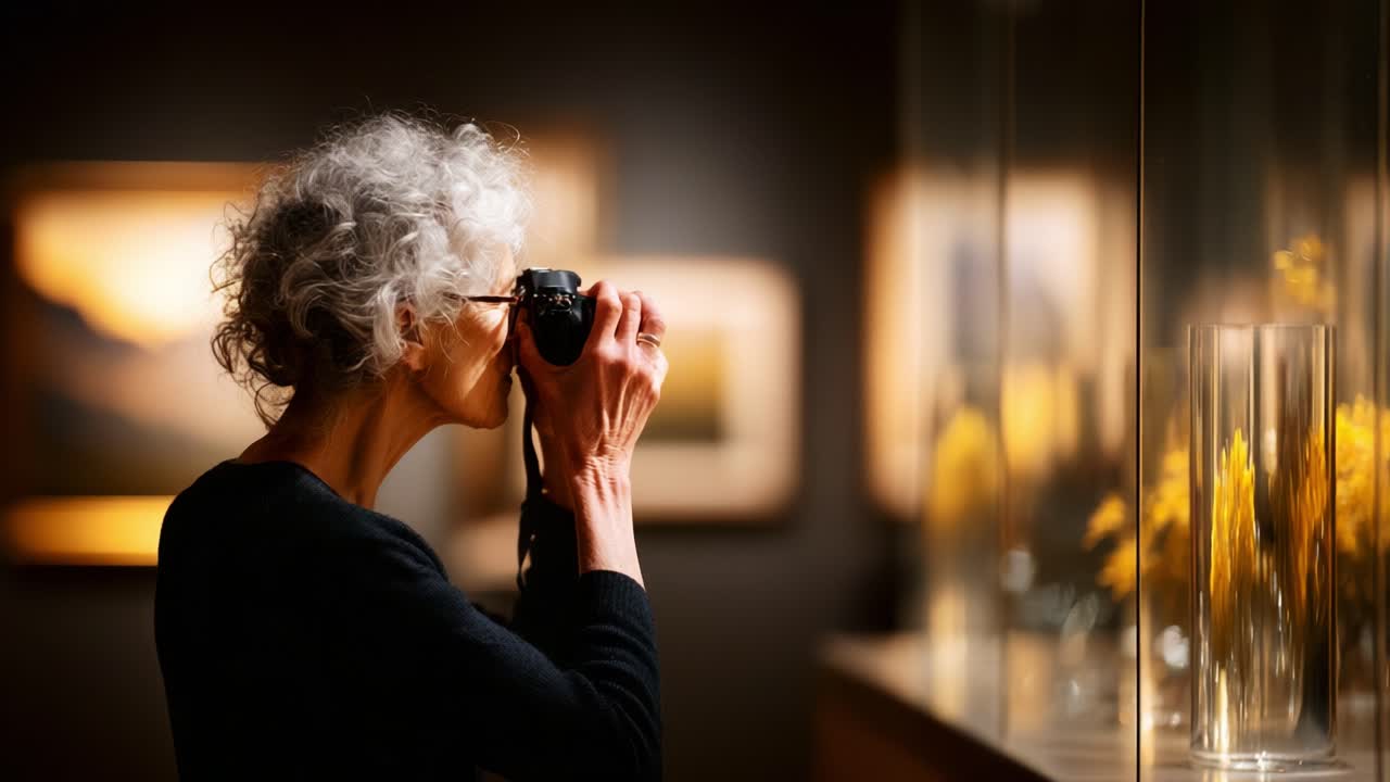 Capturing Moments: A Senior Woman with Curly Gray Hair Enjoying Photography at an Art Gallery, Immersed in Creative Expression Through a Camera Lens in a Softly Lit Environment