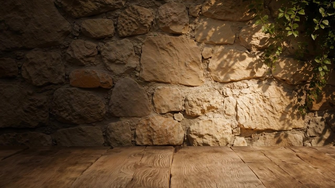 Tavolo rustico in legno vuoto su sfondo di muro in pietra con edera verde e ombre del sole.