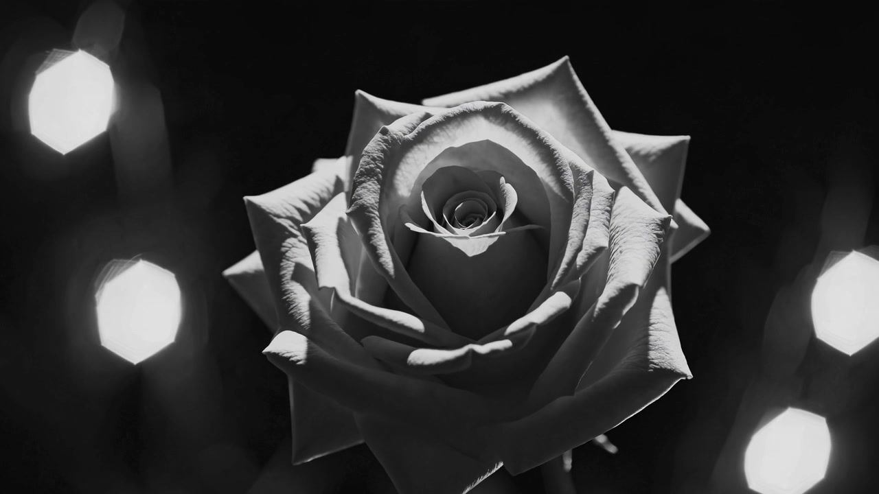 Rosa monocromatica che ruota con luci bokeh su sfondo scuro