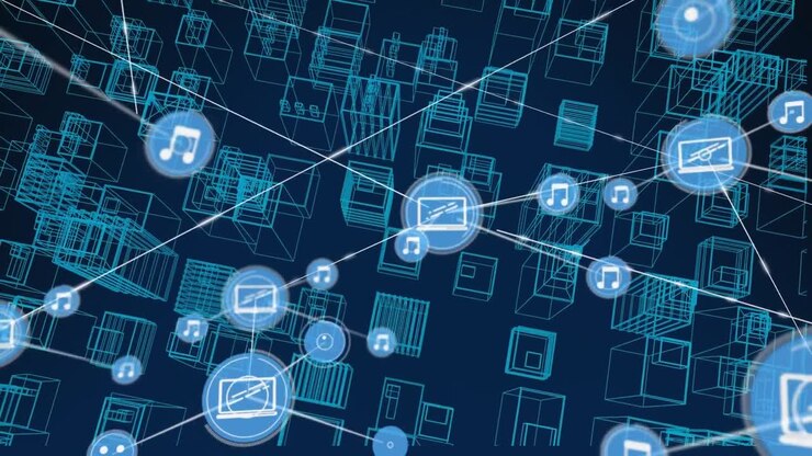 Animation of connected icons over aerial view of 3d model of buildings against blue background