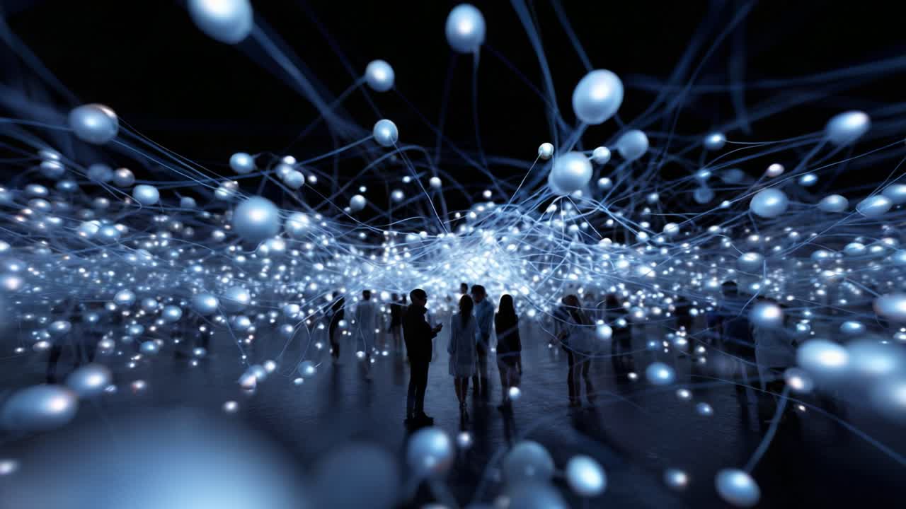An Enchanting Display of Light and Connectivity: A Mesmerizing Scene Featuring Glowing Spheres and Interconnected Lines Amidst a Dark Background with Silhouetted Figures
