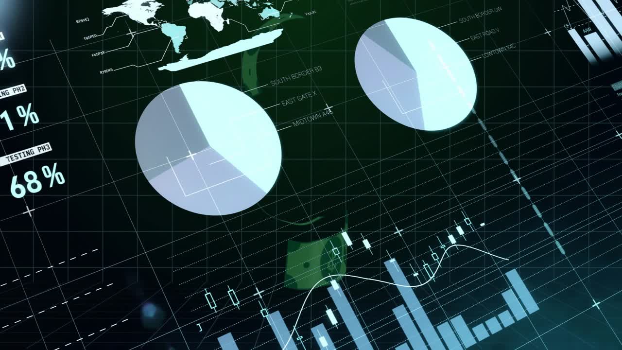 Ved sekvensstart animerer et dashbord tabell-, måler- og diagrammer som spinner og stiger for å presentere datainnsikt.