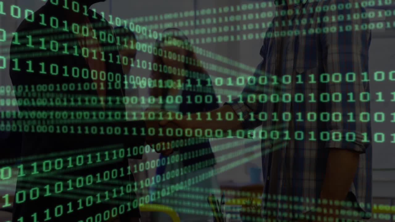 Binary code animation over people shaking hands in office setting