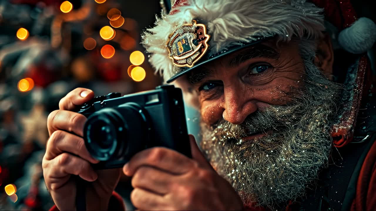 Santa's winter joy. A bearded man dressed as Santa smiles warmly while surrounded by twinkling holiday lights and decorations in winter