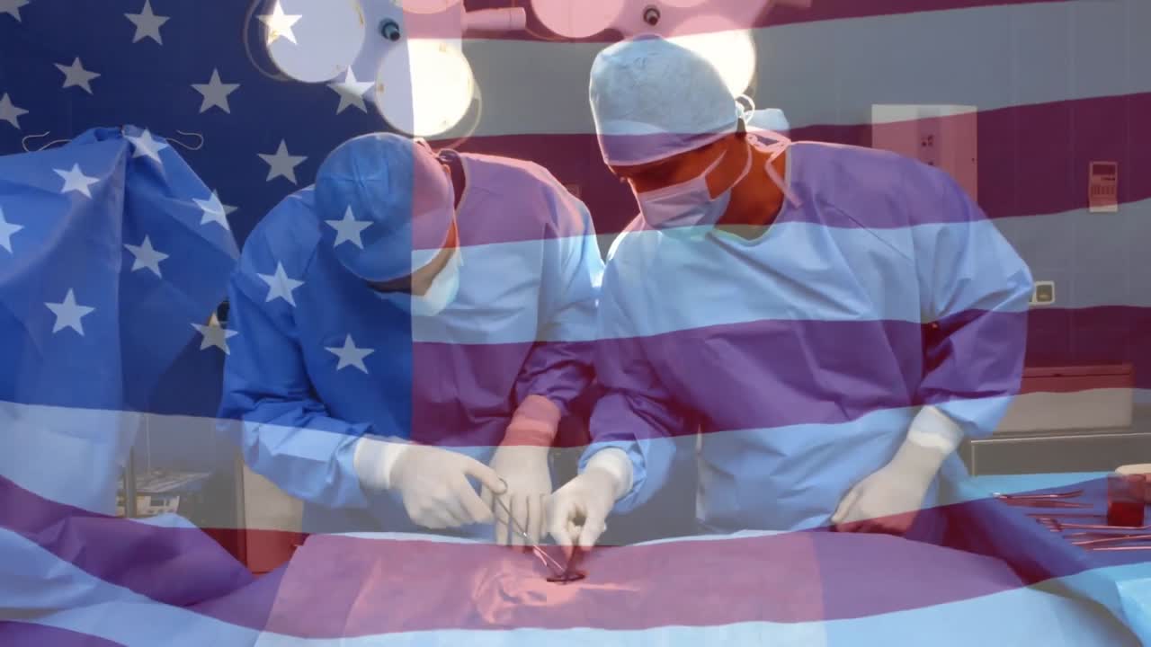 수술실 에서 외과 의사 들 위 에 흔들리는 미국 국기 의 애니메이션