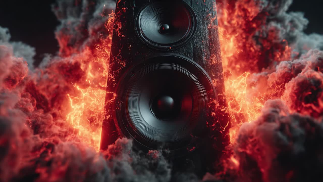 An explosive audio experience is captured in this visually striking scene featuring a dynamic speaker surrounded by vibrant flames and smoke, embodying the power of sound with fiery intensity