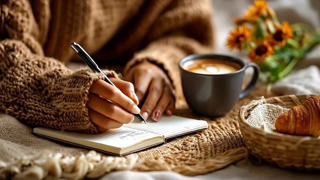 Una donna che scrive su un quaderno accanto a una tazza di caffè e croissant