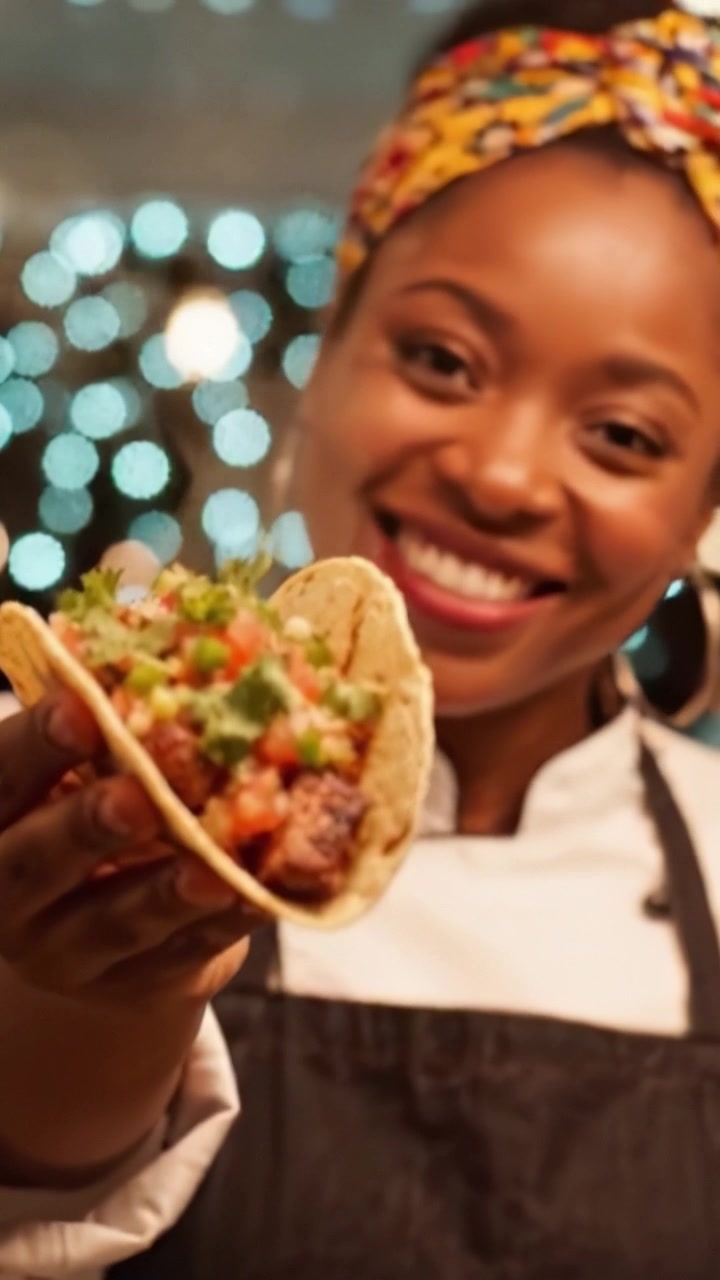 Lækre hjemmelavede tacos: En kulinarisk nydelse tilberedt af en glad kok med dygtige hænder og et strålende smil mod en smuk bokeh-baggrund