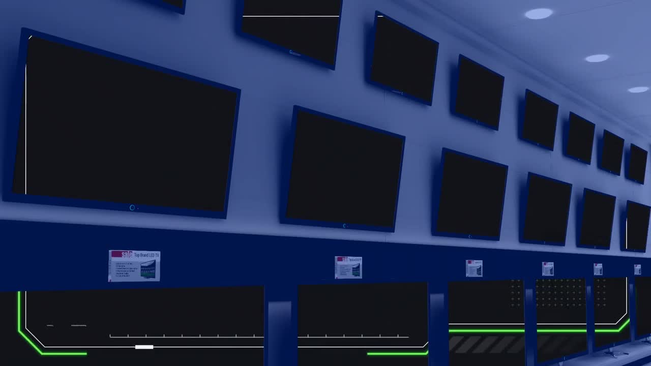 여러 텔레비전의 스크린에서 동기화 된 비디오를 재생 하는 전자 제품 상점의 내부