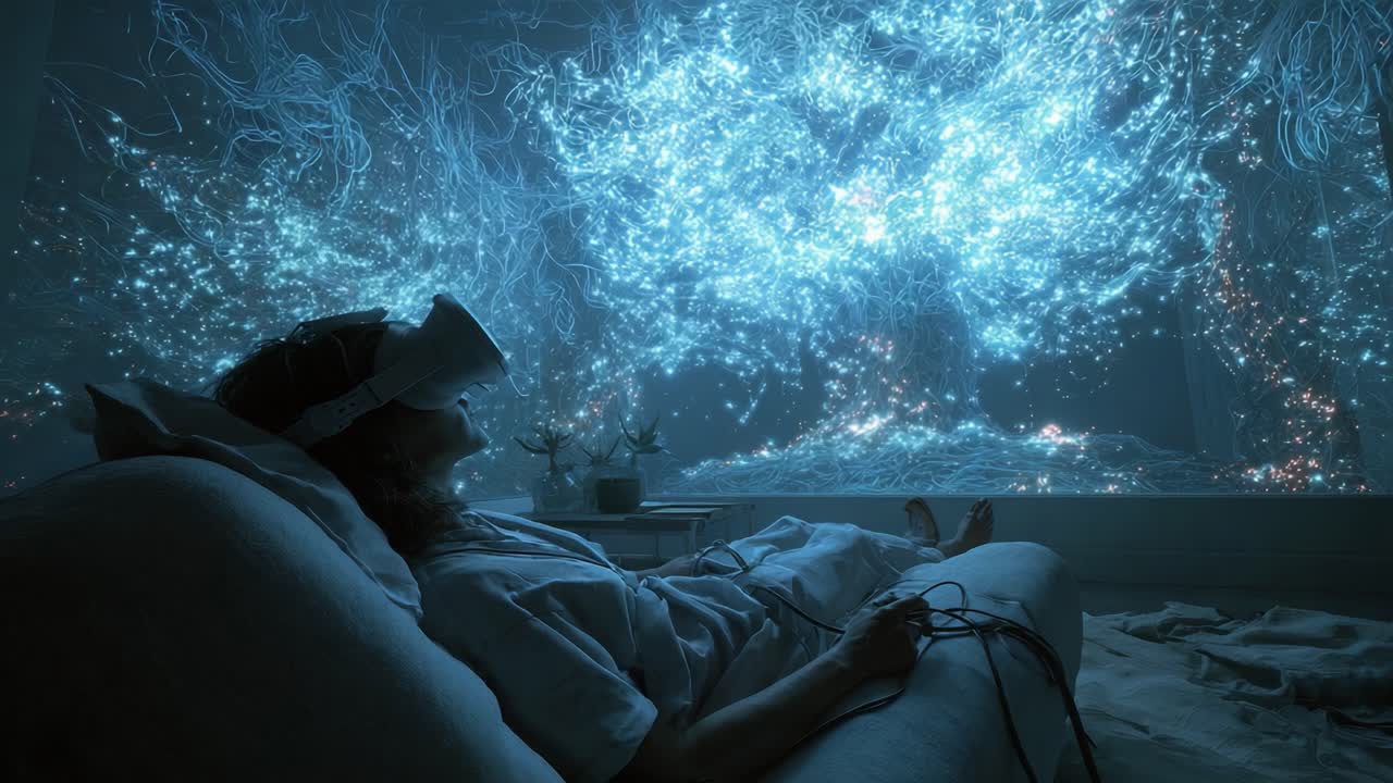 An immersive experience of tranquility and imagination as a person lies on a couch wearing a virtual reality headset, gazing into a spectacular digital landscape filled with vibrant, glowing patterns and shapes