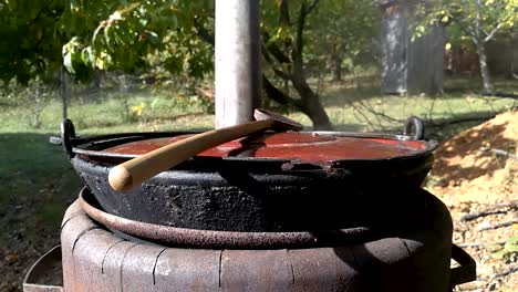 steam coming out of an old fashioned rustic outdoor pot in the backyard, slomo