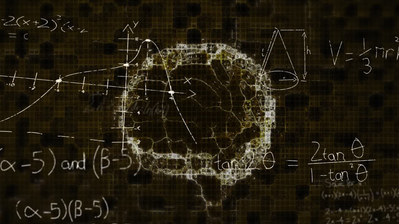 animación de fórmulas matemáticas y formas que se mueven sobre un cerebro sobre un fondo negro