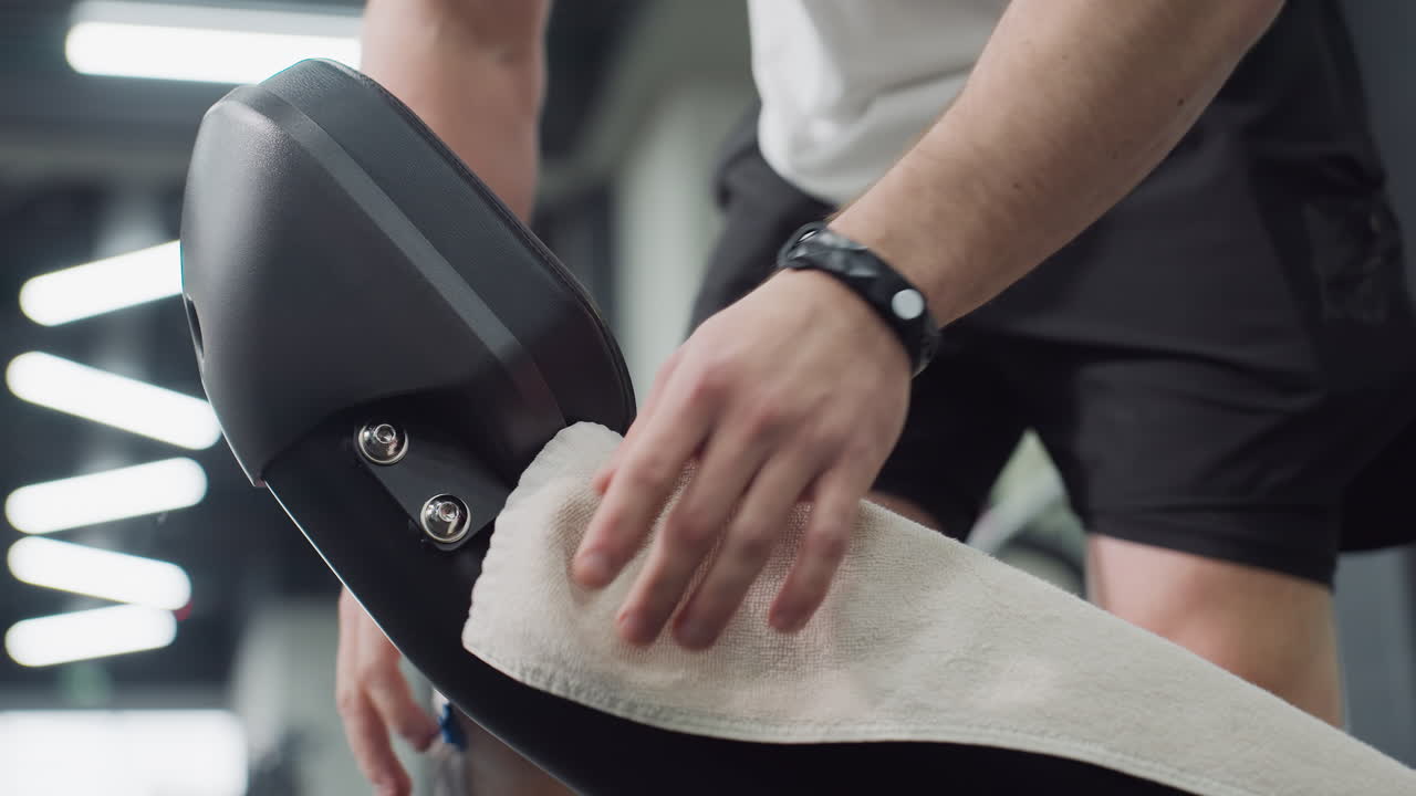 Fitness fanatic places sports towel on bench seat then rests against back pad under gym lighting capturing calm intense post workout pause with details of hands equipment and recovery focus