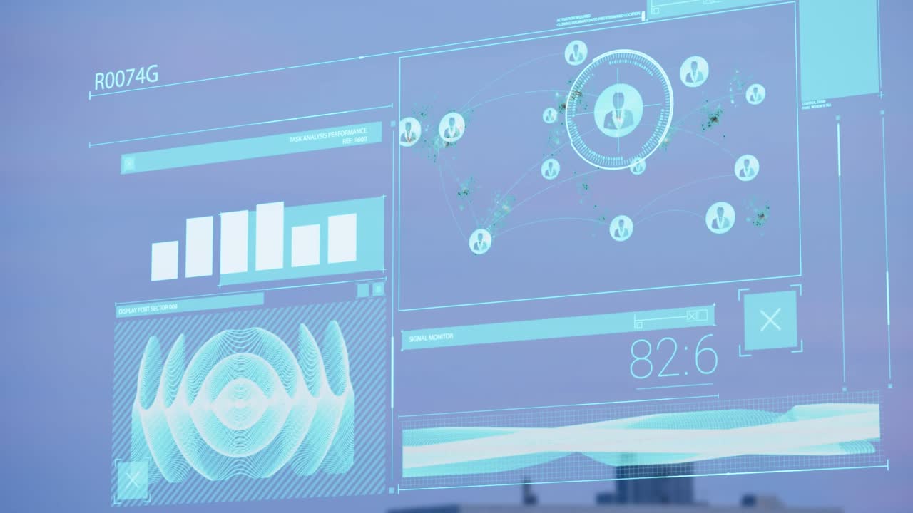 Animation of profile icons, map, numbers, graph, soundwave on digital screen