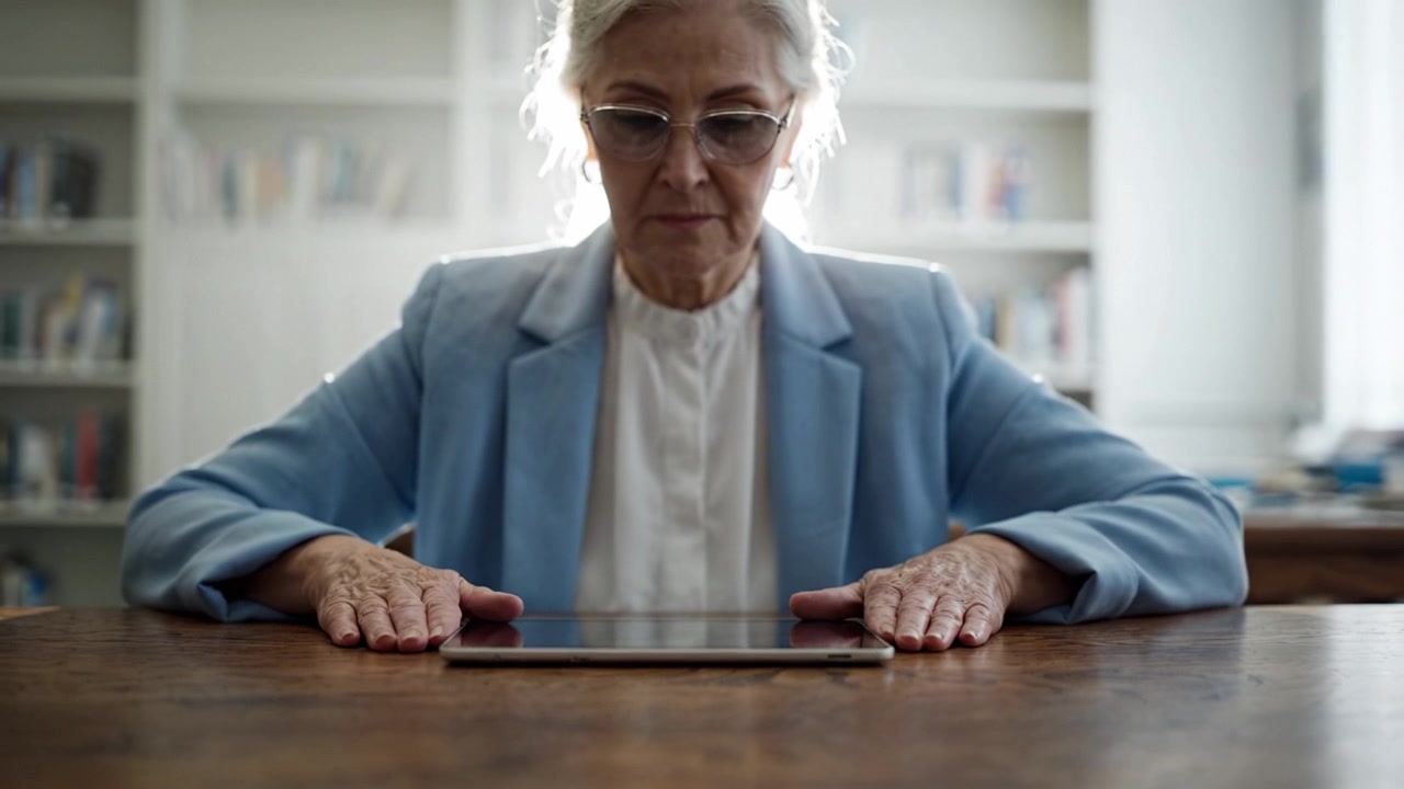 An elderly woman interacts with a tablet, focusing intently as she navigates digital content in a serene and well-lit environment, showcasing modern technology use.