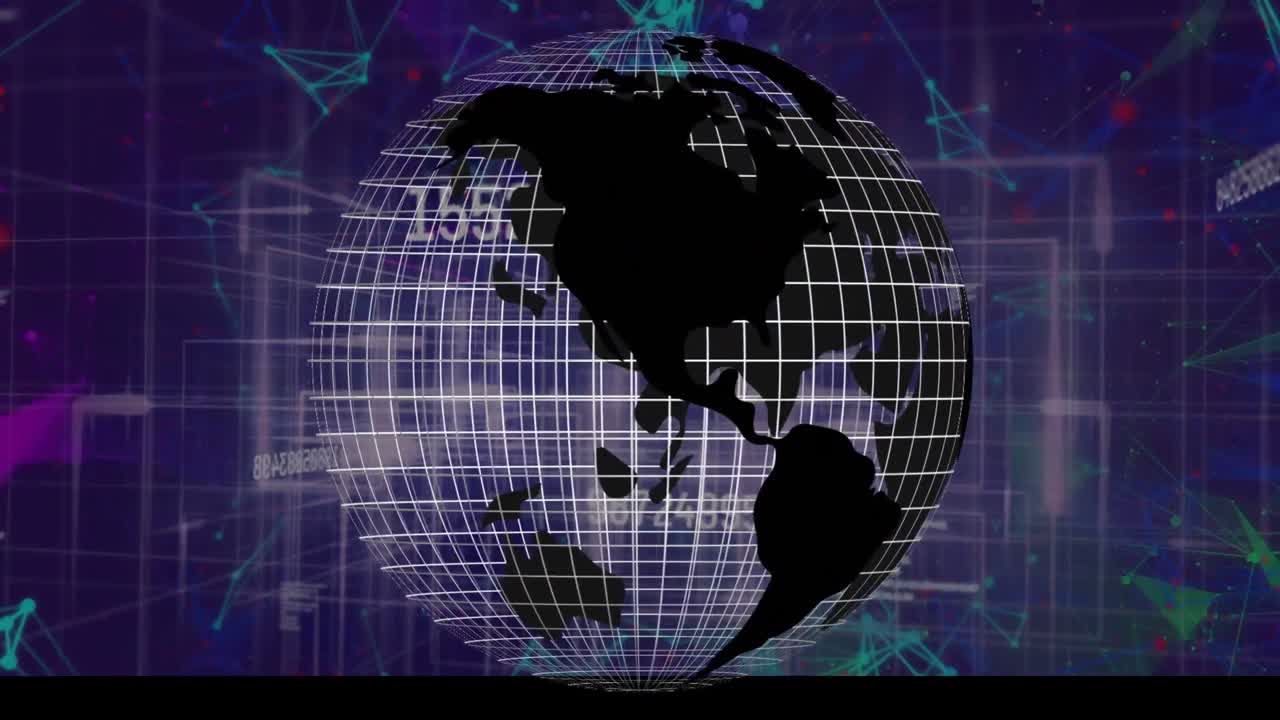 Animation of globe with numbers, geometric shapes on futuristic digital interface