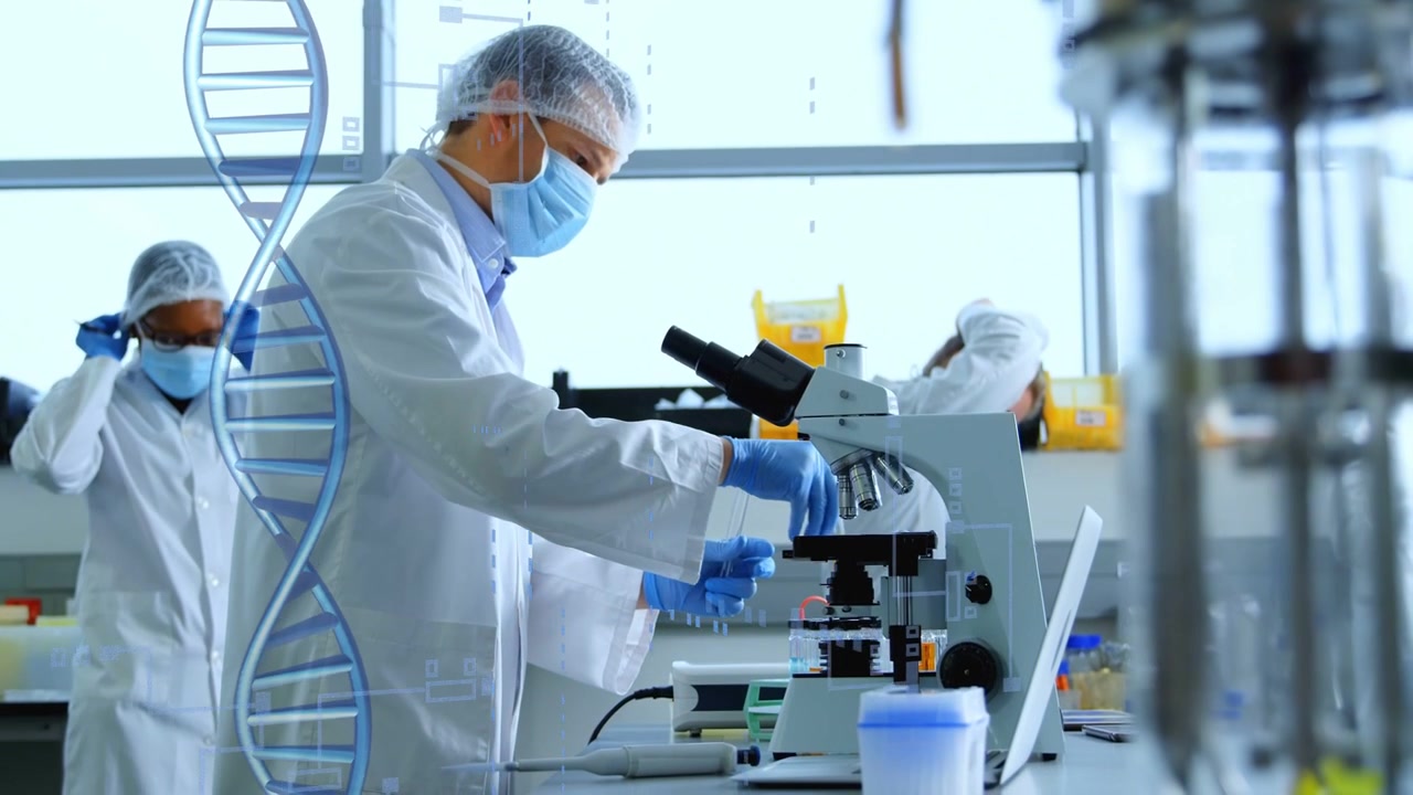 Male scientist pipetting sample for analysis at lab, team donning PPE, DNA helix overlay appearing
