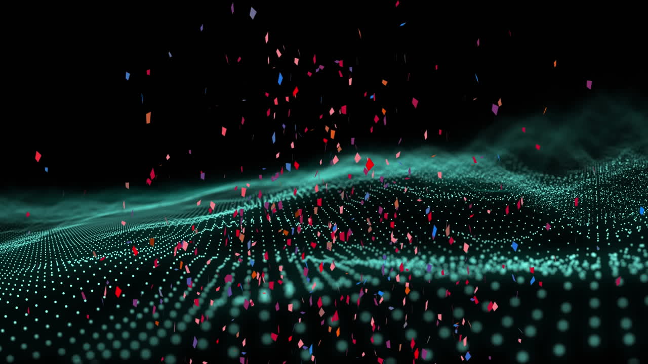 검은색 바탕에 파란색 윤 ⁇ 을 파고드는 다채로운 콘페티의 애니메이션