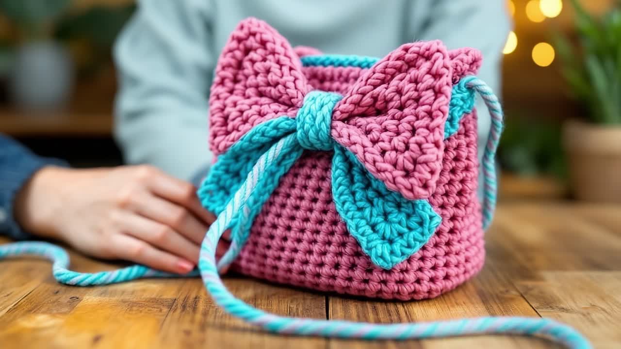 Pink and teal crocheted bag featuring a large bow detail is placed on a wooden table, with a hand gently touching it, creating a warm and inviting atmosphere for crafting enthusiasts