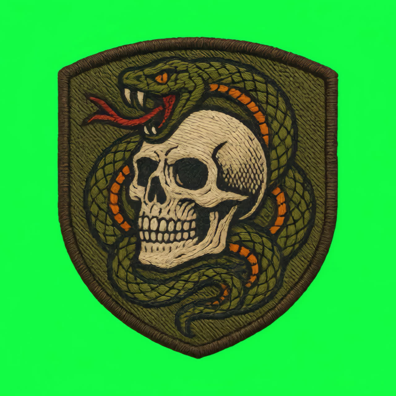 Embroidered skull snake patch animation isolated asset, transparent 4K video, alpha channel, ProRes