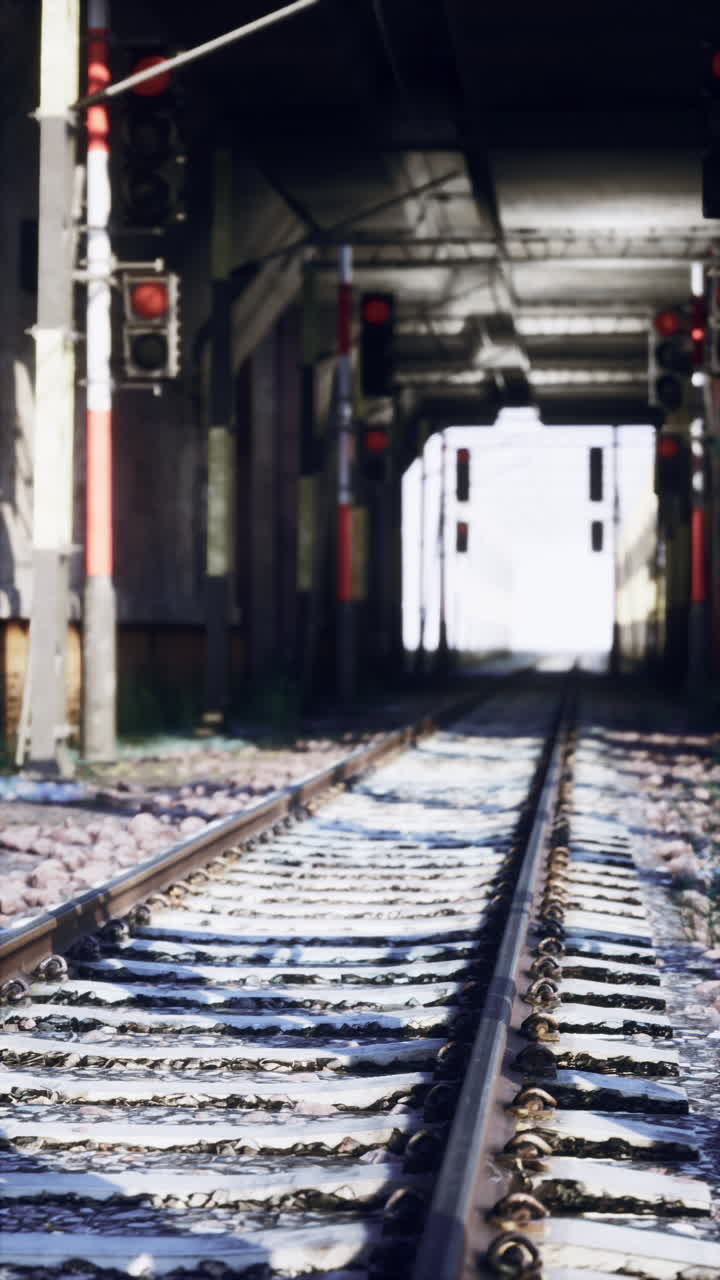 멀리 빛이 있는 버려진 열차 트랙