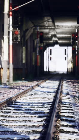 abandoned train track with light in distance