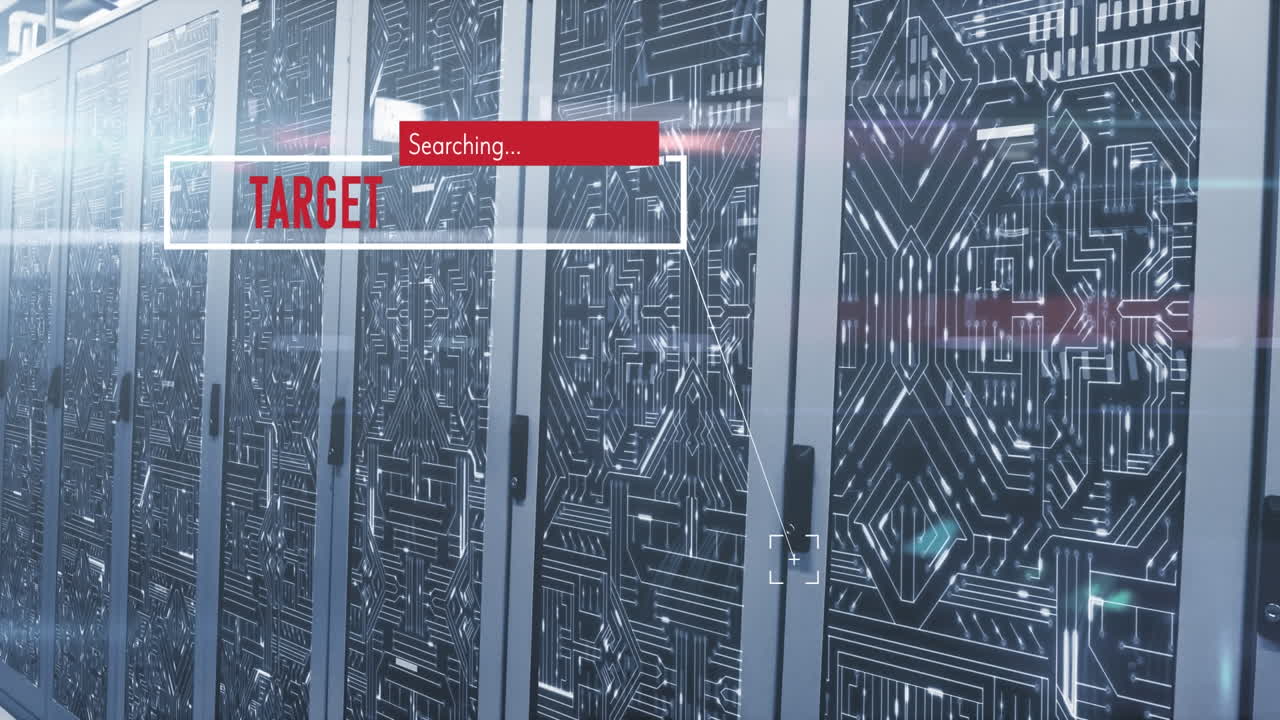 animación del procesamiento de datos contra las conexiones de microprocesadores a través de la sala de servidores de computadoras