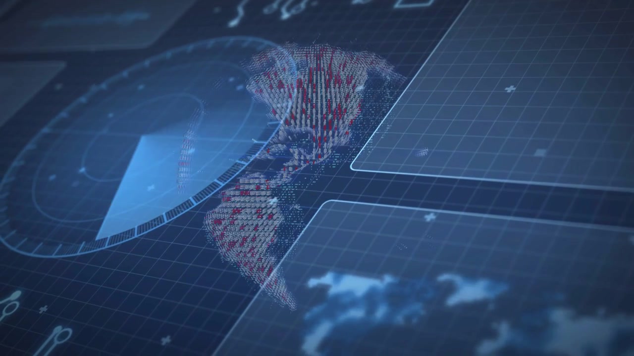 Rotating radar wedge sweeping over globe, dotted data arc extending bars and reforming for tech HUD
