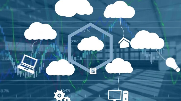 Animation of clouds with growing number and financial data processing over empty office
