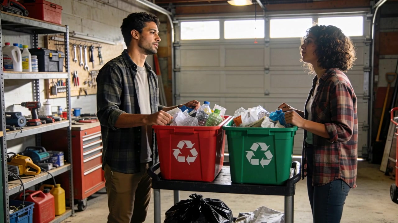 Pulling from black bag, man and gloved woman sorting recycling into red green bins in garage