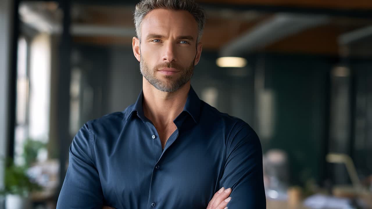 Confident Business Professional Posing in Modern Office with Stylish Appearance, Highlighting Leadership Qualities and Charismatic Presence in a Modern Workplace Environment