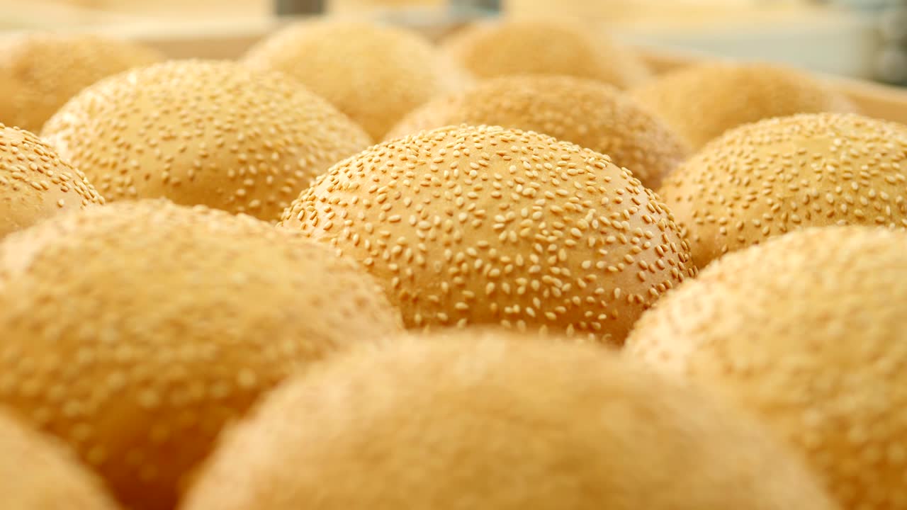 producción de productos de confitería. panes para hamburguesas en una línea de horneado