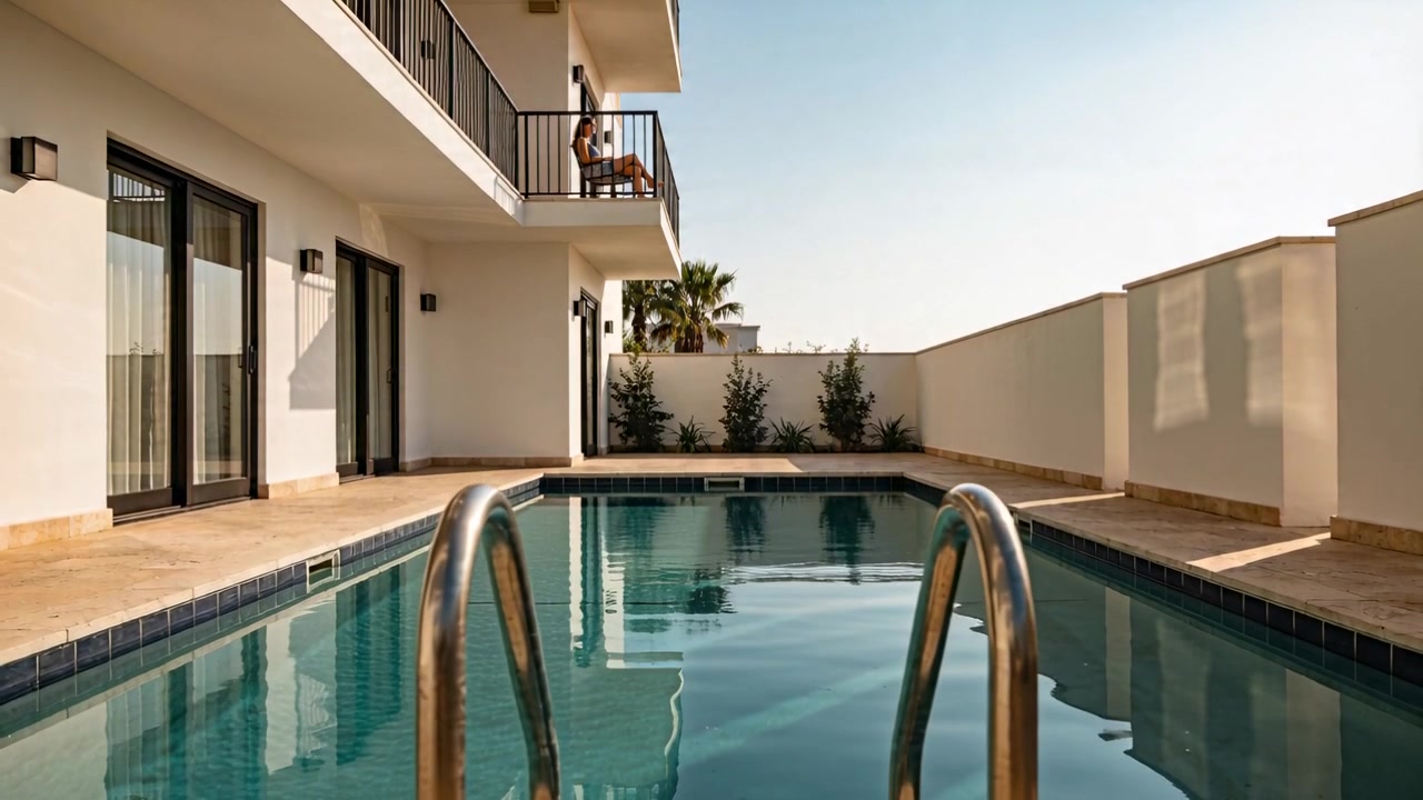 Framing in-ground pool, ladder in home courtyard, adult emerging on balcony shifting in shorts