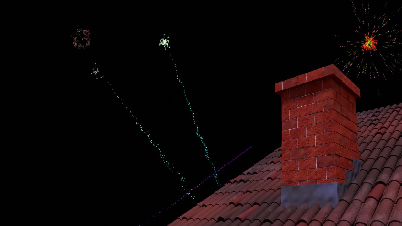Animazione di tetto e camino con fuochi d'artificio colorati di Natale e Capodanno che esplodono nel cielo notturno
