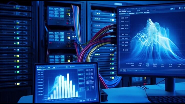 Server Room with Data Visualization on Computer Monitors