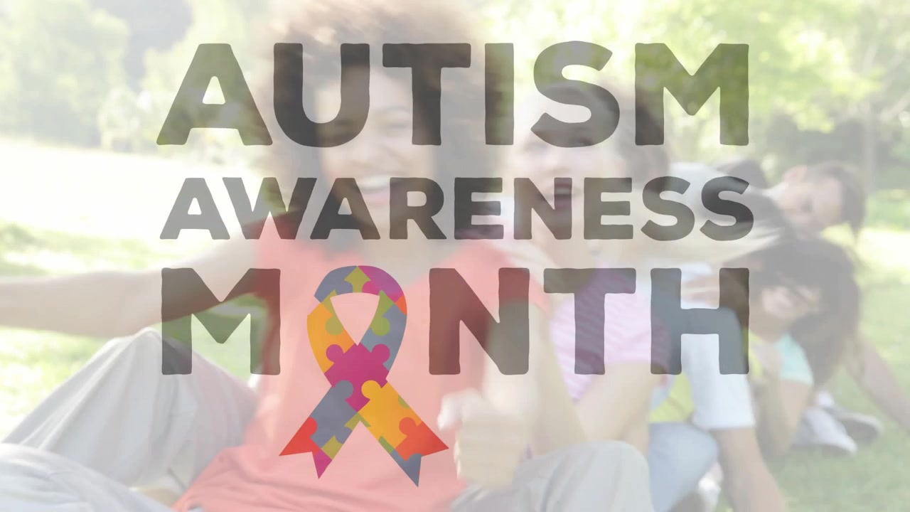 Front woman leaning in park, puzzle icon appearing on torso and forming ribbon for autism awareness