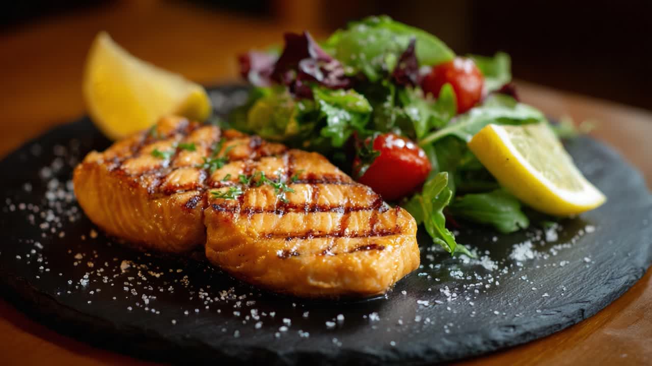 Delicious Grilled Salmon Fillet Served with Fresh Salad and Lemon on a Slate Plate, Presenting a Gourmet Dining Experience with Colorful Ingredients